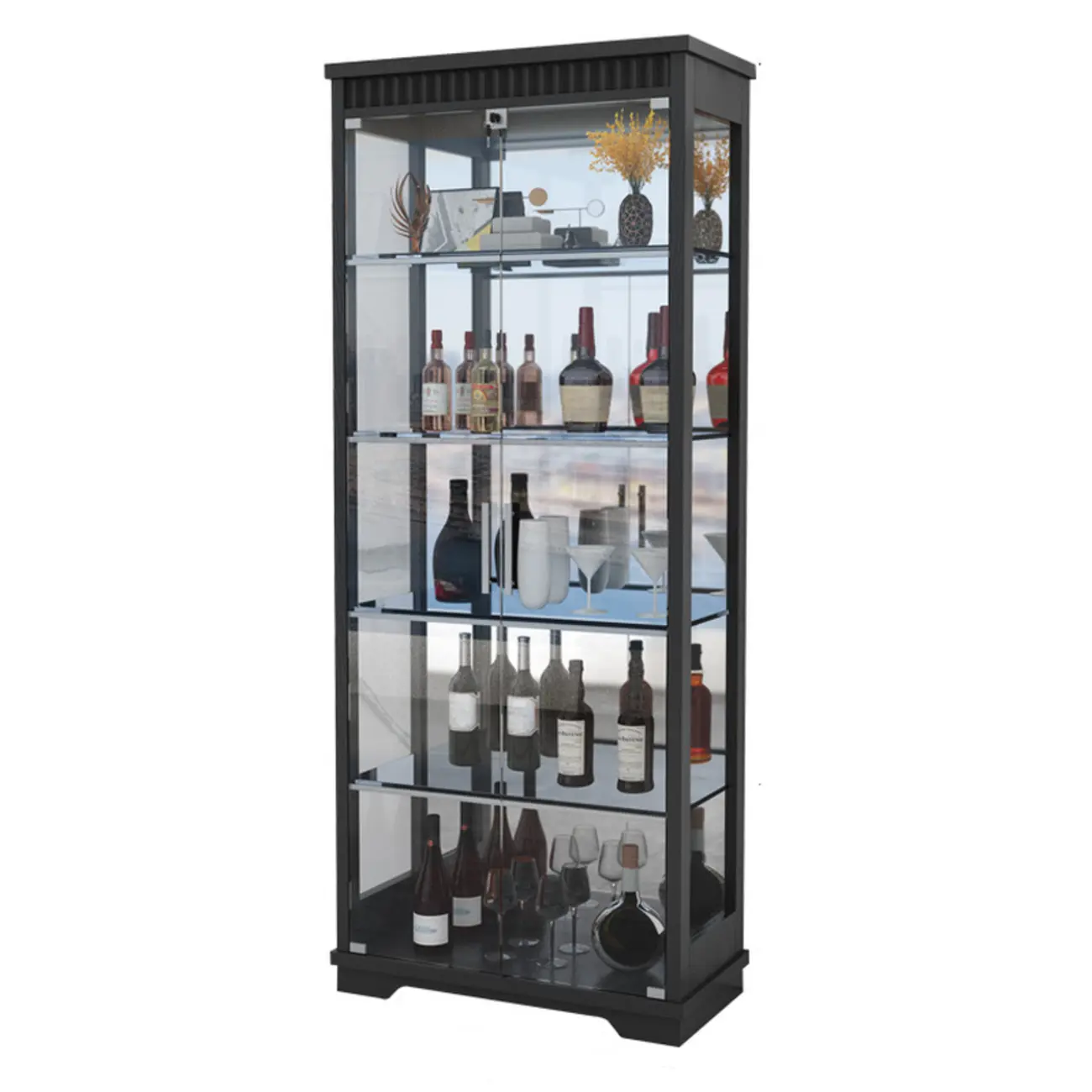 Modern Natural Wood Wine Rack with Glass Shelf