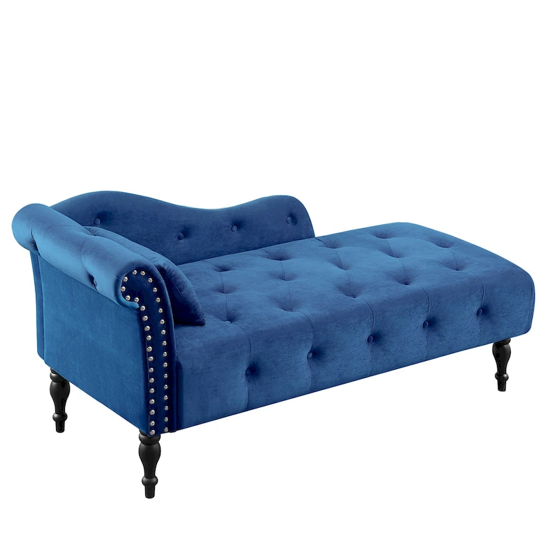 Modern 60.6  Velvet Upholstered Buttons Tufted Chaise Lounge Chair with Solid Wood Legs and Nailheads
