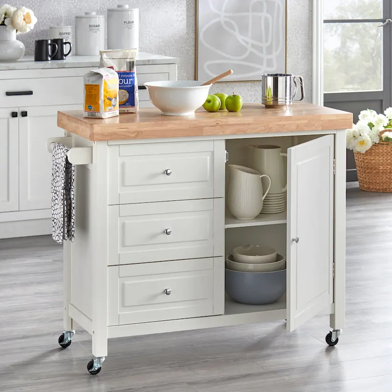 Macaulay Natural Rubberwood Rolling Kitchen Island Cart