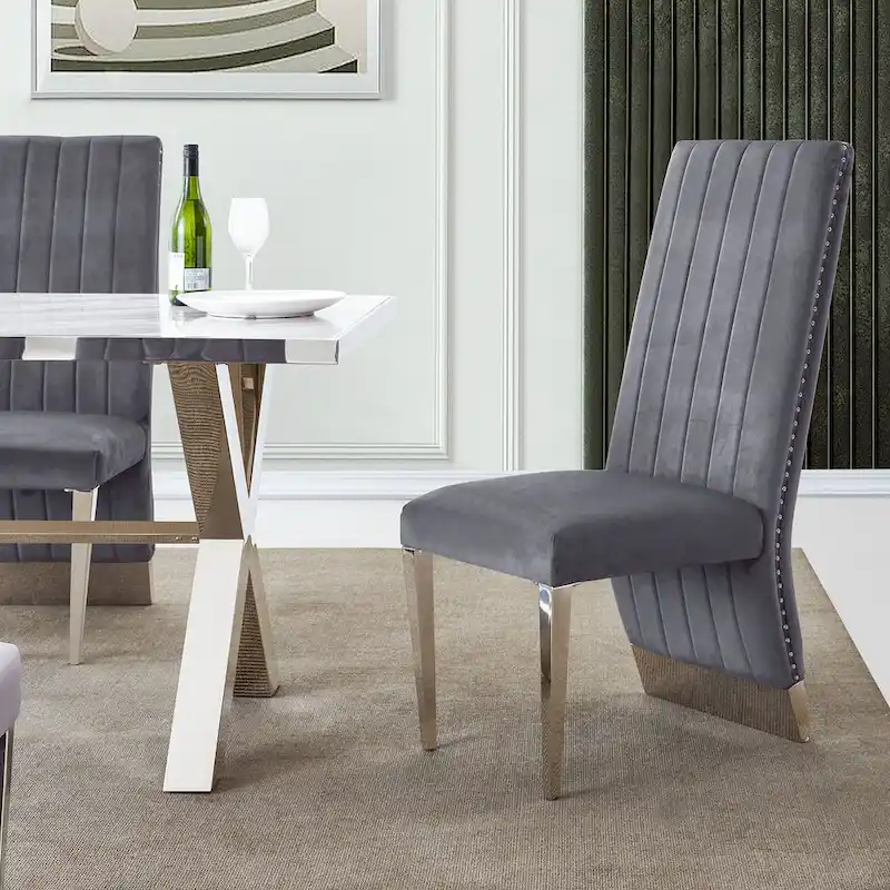 Modern Channel High Back Dining Chairs with Nailhead Trims and Polished Metal Legs