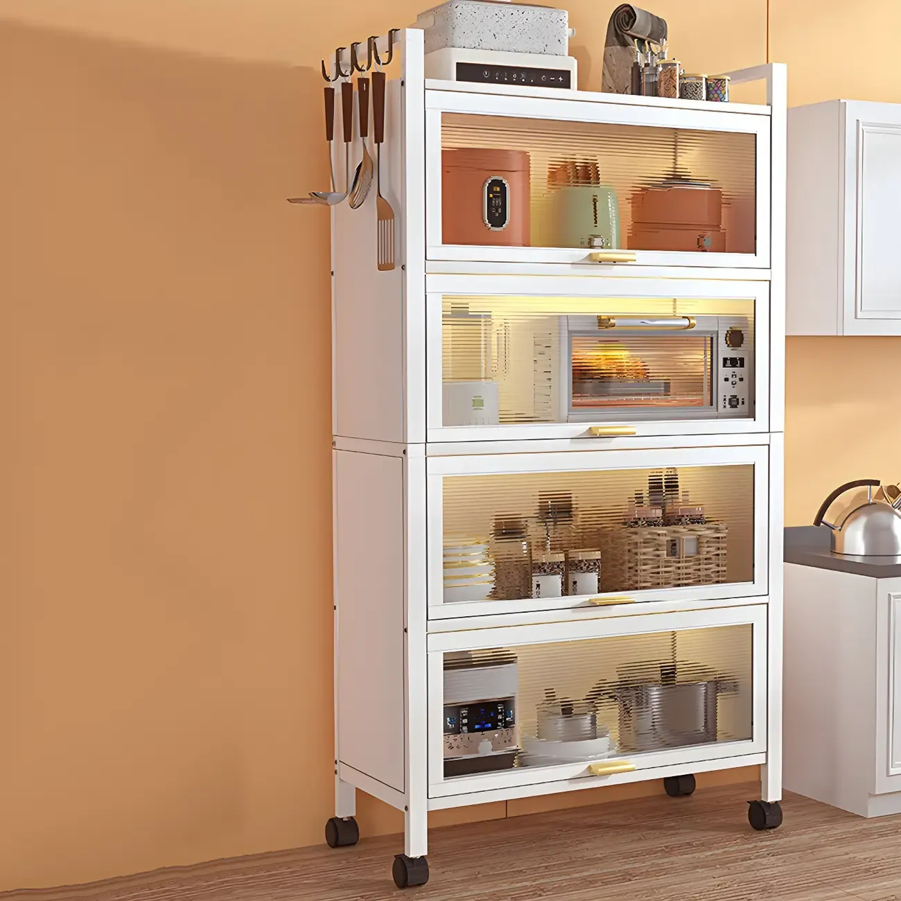 Modern White Steel Glass Door China Cabinet with Casters