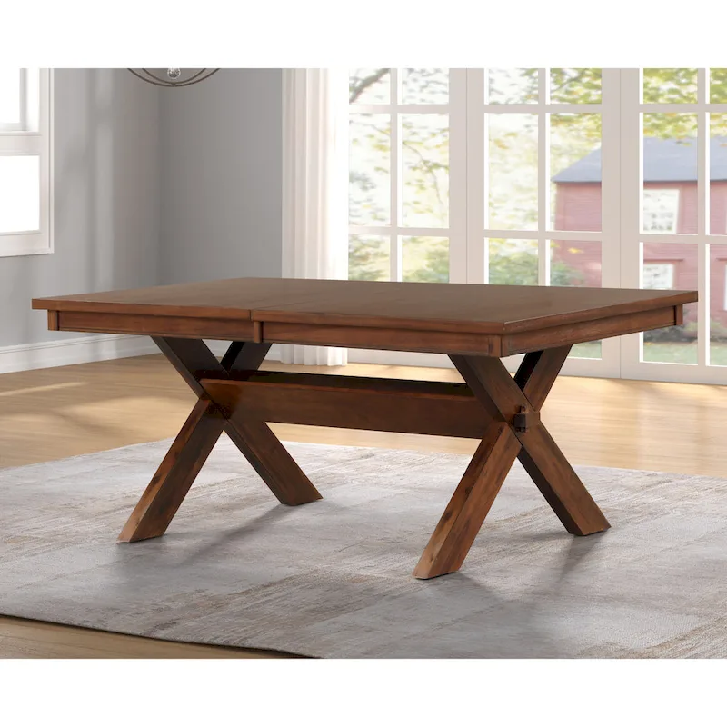 Roundhill Furniture Karven Wood Trestle Extendable Dining Table with Leaf, Dark Hazelnut
