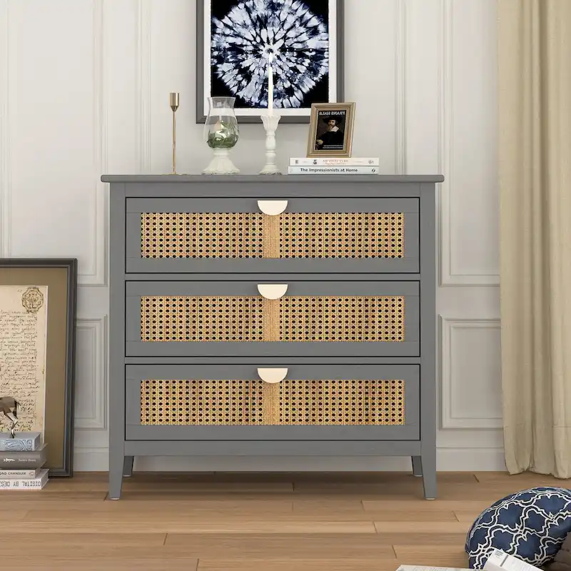 3 Drawer Cabinet,Natural rattan,American Furniture,Suitable for bedroom, living room, study