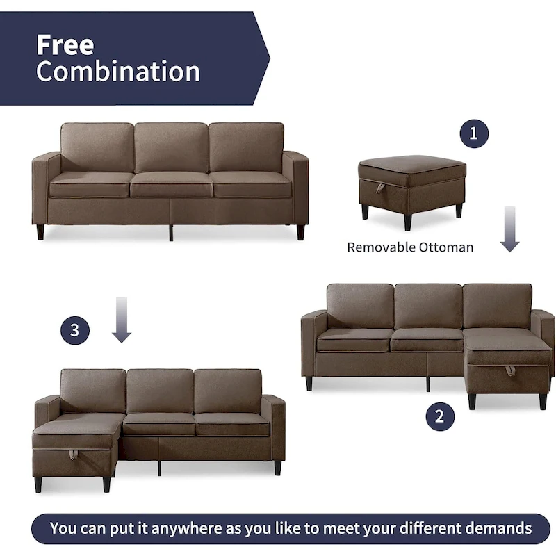 Mixoy 78inch Modern 3-Seat L Shaped Upholstered Sofa with Ottoman