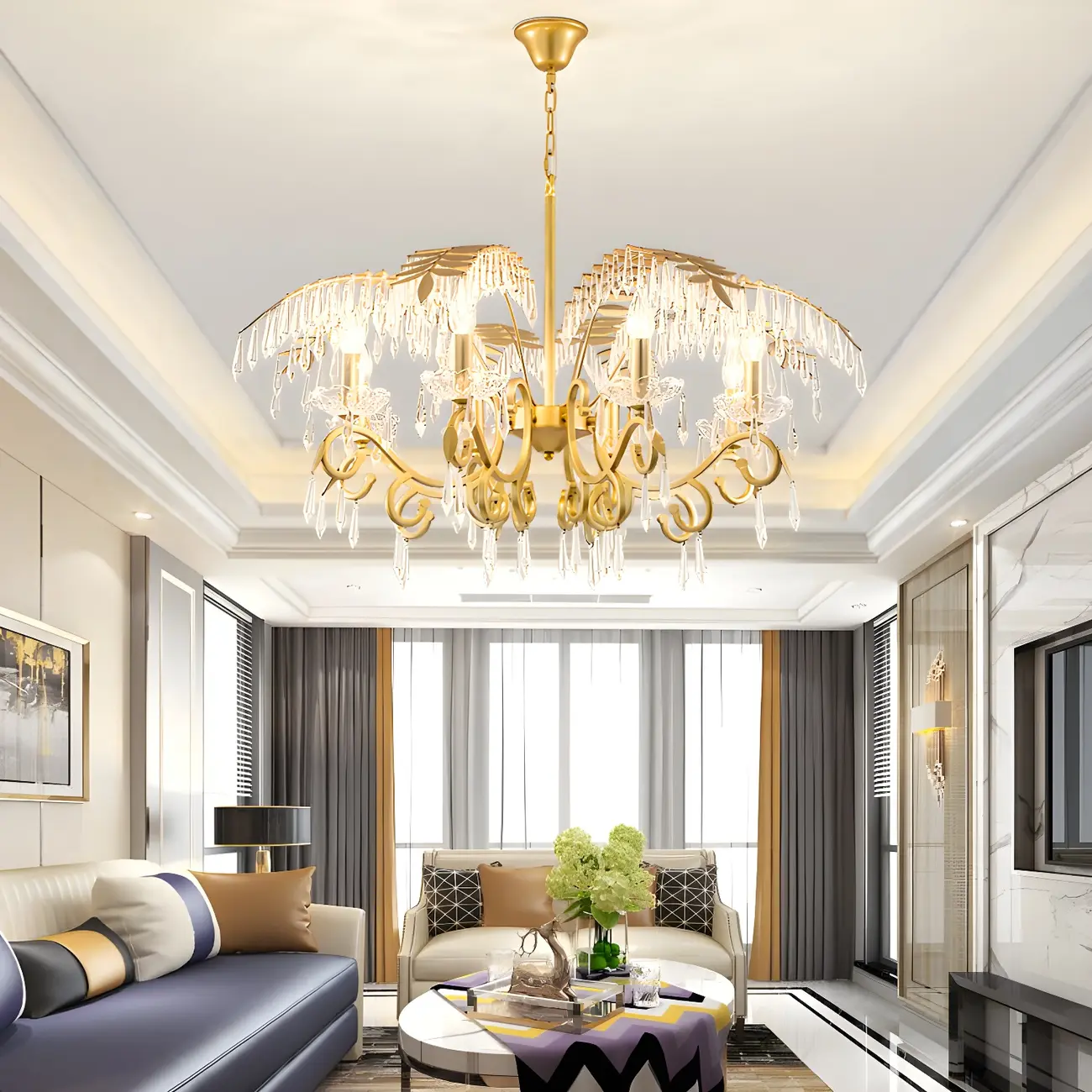 Luxurious Golden Leaf Curved Chandelier with Crystal