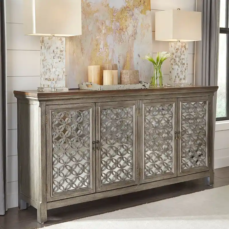 Westridge Wirebrushed Gray 4 Door Mirrored Accent Cabinet