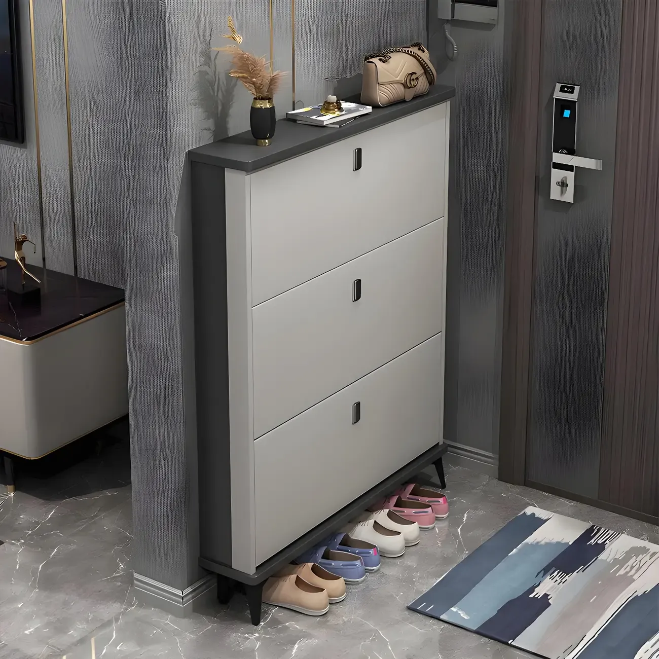 Entryway Grey/White Drop Front Shoe Storage Cabinet
