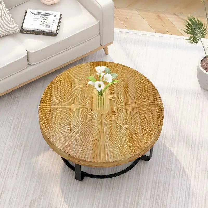 Modern Round Wooden Carving Pattern Coffee Table