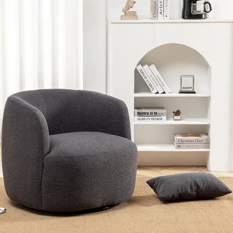 KINWELL 34 Poly Blend Boucle Fabric Upholstered Swivel Armchair