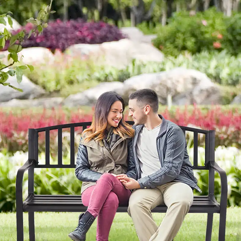 Patio Garden Bench Park Yard Loveseats with Cast Iron Frame