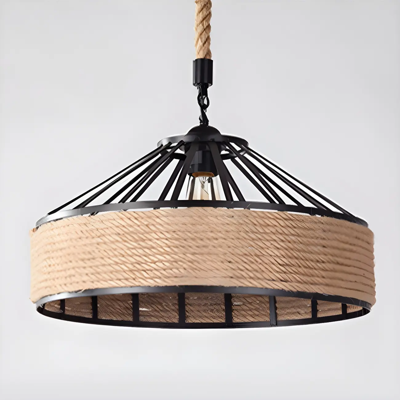 Industrial Rattan Black Metal Hemp Rope Pendant Light