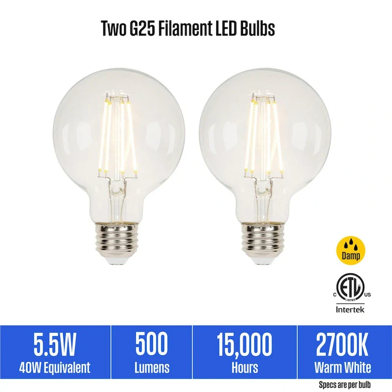 Westinghouse Lighting 5.5-Watt (40-Watt Equivalent) Clear G25 Dimmable Filament LED Light Bulb, Medium Base