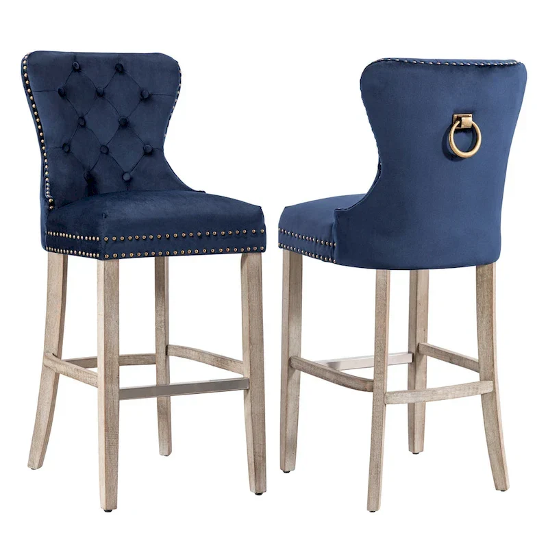 Carter 29 Wingback Tufted Nailhead Bar Stool (Set of 2), Antique Grey Legs