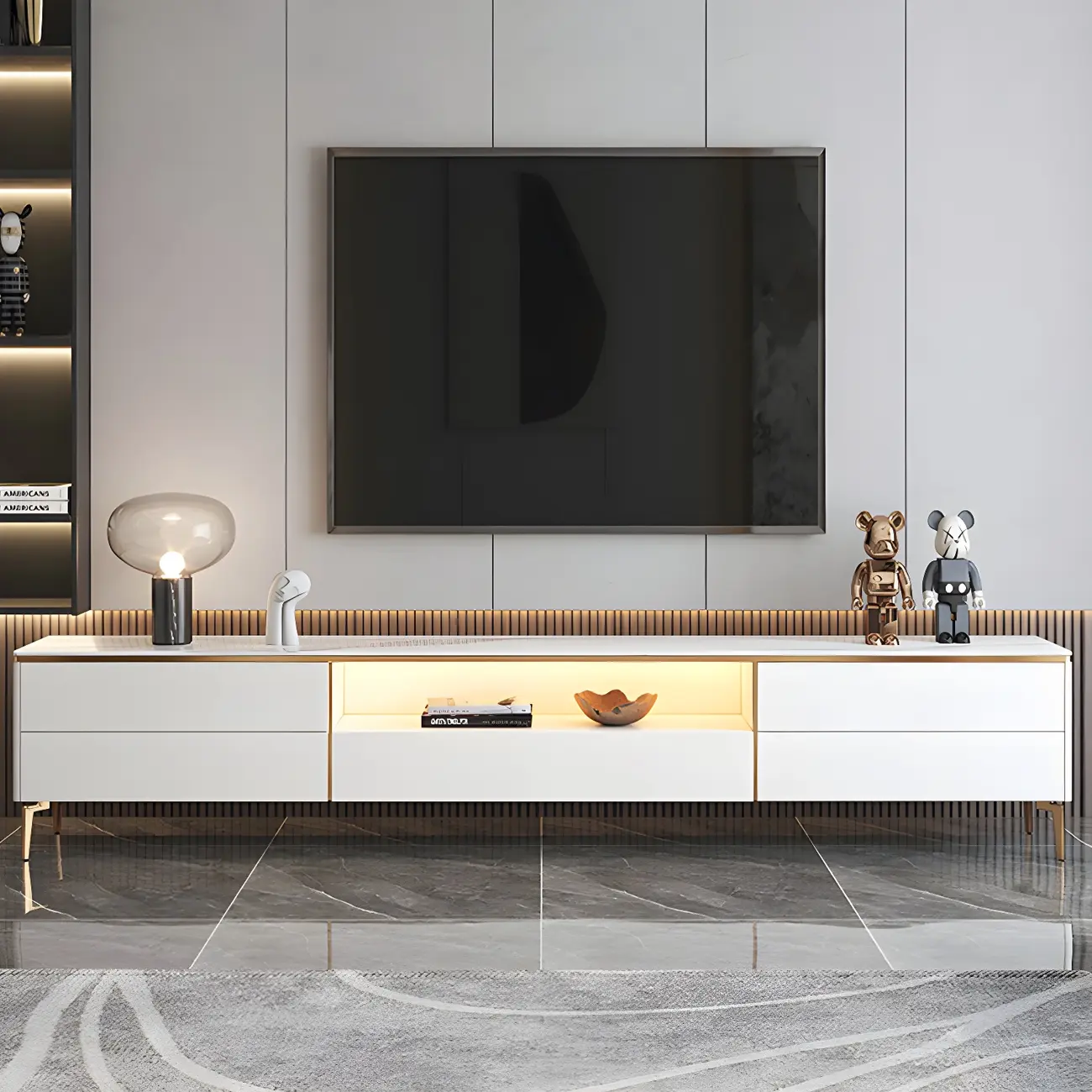 63 Elegant White Stone Top Storage TV Stand with LED Lights