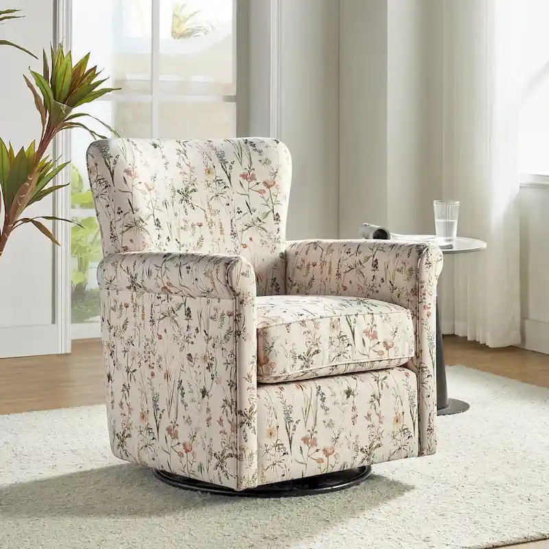 Comfortable Floral Fabric Swivel Rocker Chair with Rolled Armrest