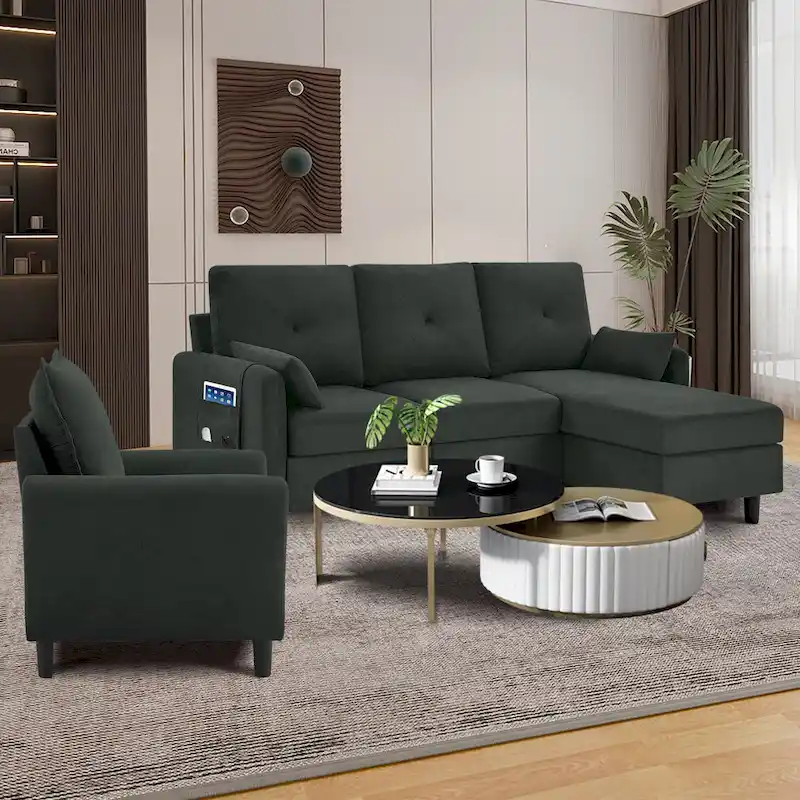 3-Pieces Sectional Sofa Set with Ottoman and Chair