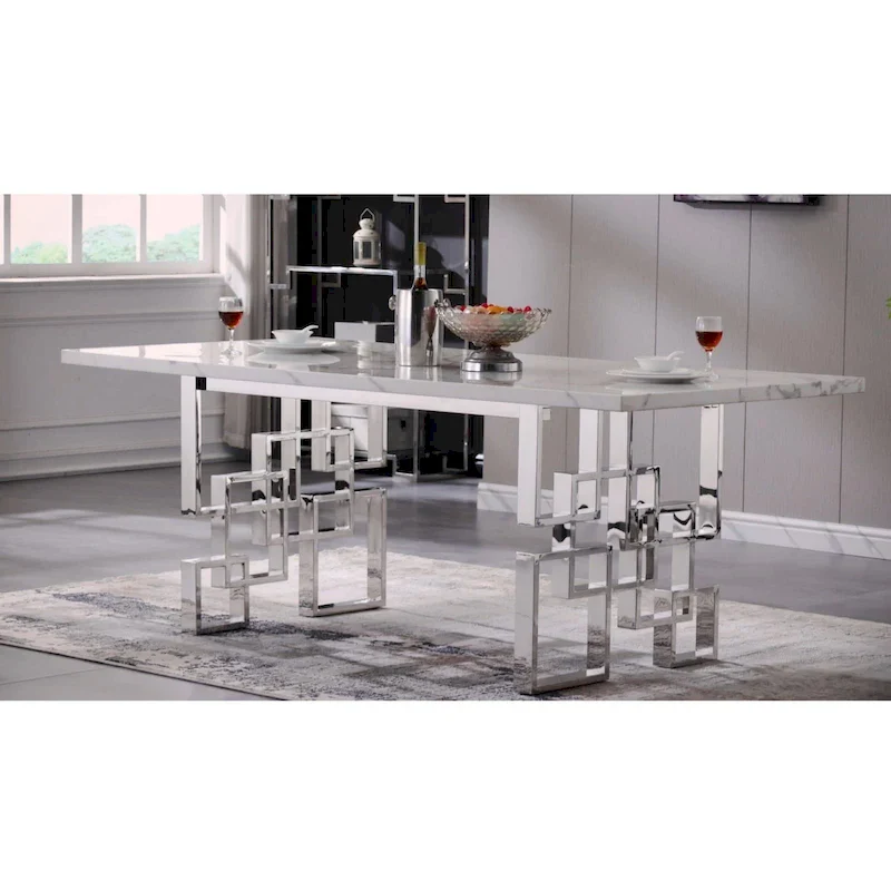 78 inch Faux Marble Dining Table with Geometric Metal Base