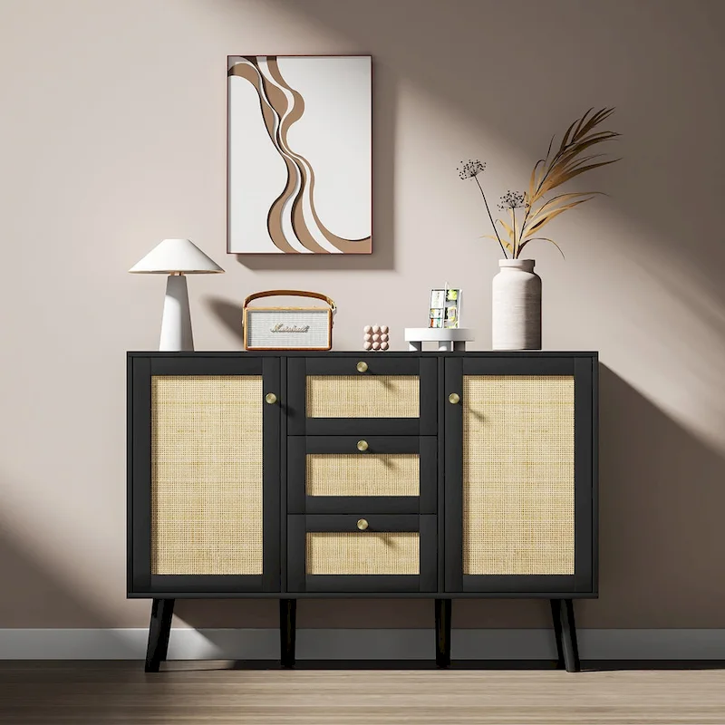 Anmytek Modern Wood Rattan Black Buffet Sideboard Accent Storage Cabinet with 3 Drawers and 2 Doors