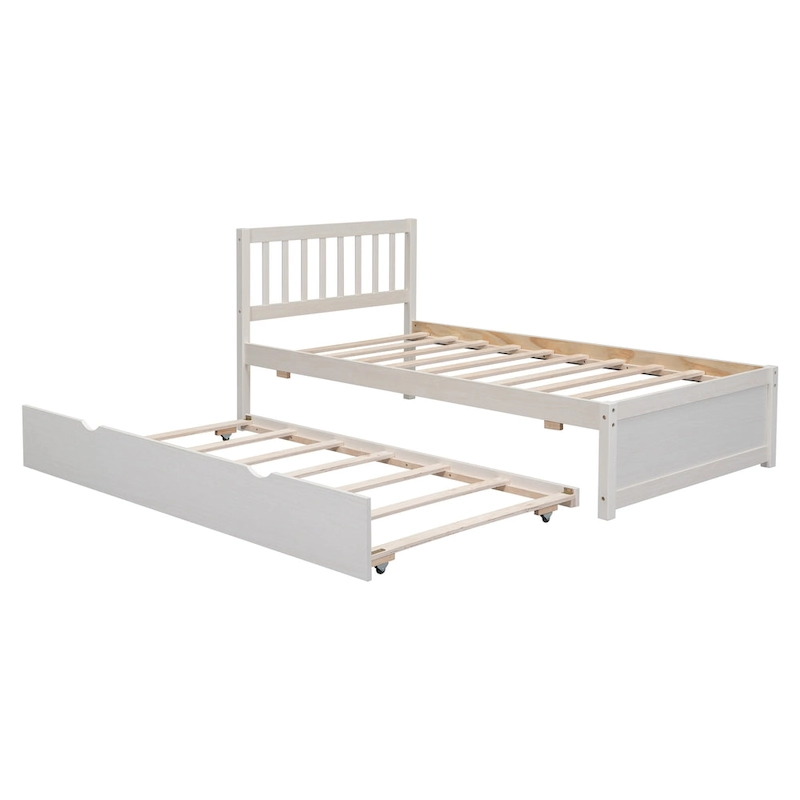 White Walnut Rubberwood Twin Bed with Trundle