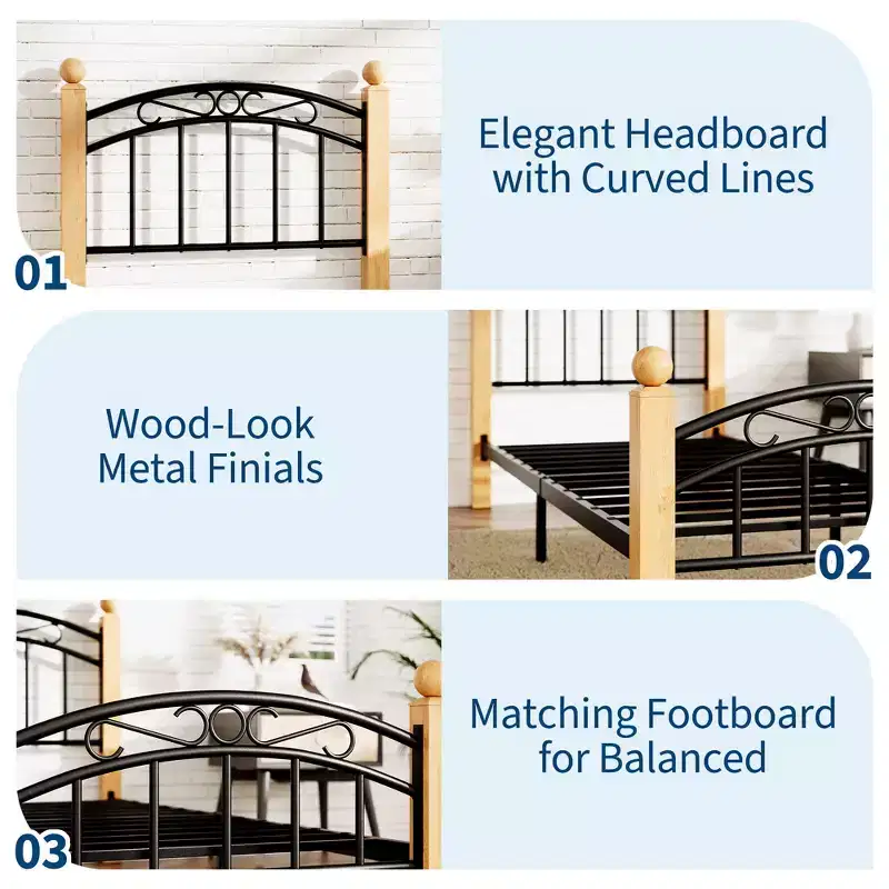 Metal Bed Frame with Headboard and Footboard, Metal & Noise-Free Design, Steel Slats, No Box Spring Needed