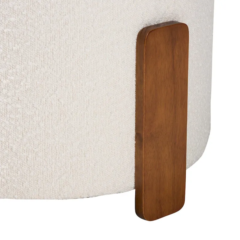 Modern Japandi Boucle Fabric and Wood Ottoman Footstool