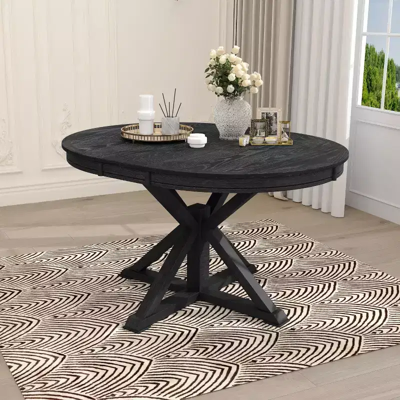 Okak 54IN Retro Extendable Dining Table, Foldable Table with a 12IN Leaf, Round Table for Dining Room, Living Room, Kitchen