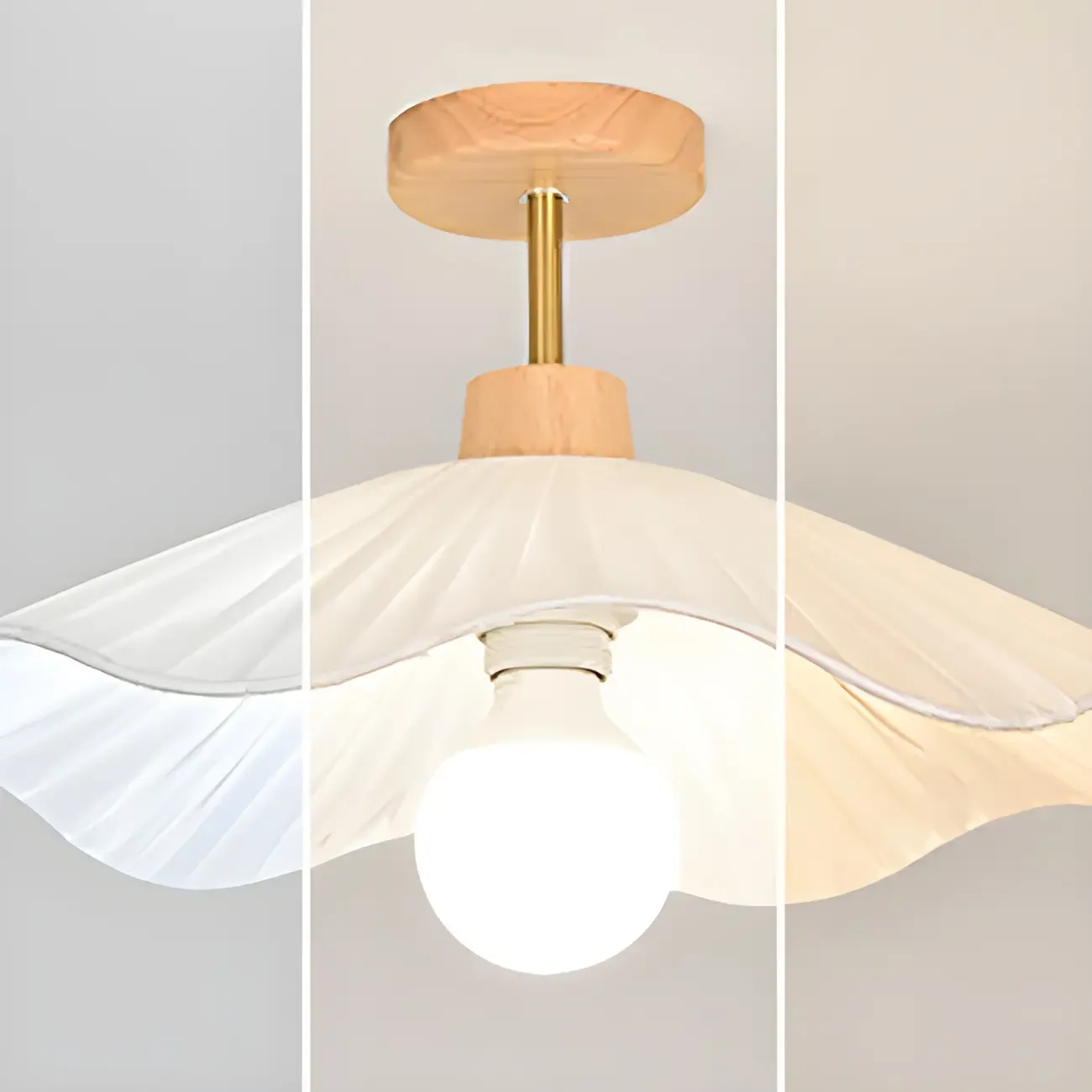 Natural Finish Wood Semi Flush Ceiling Light with Fabric Shade