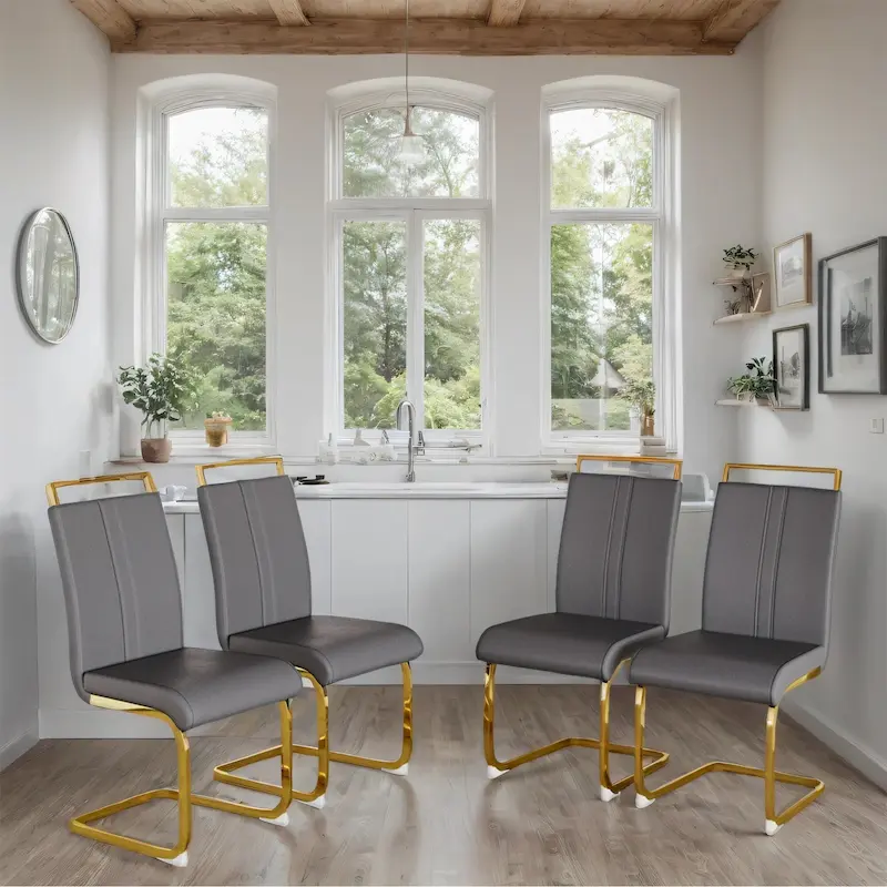 PU Leather High Back Upholstered Dining Chair w/ Metal Legs (Set of 4)