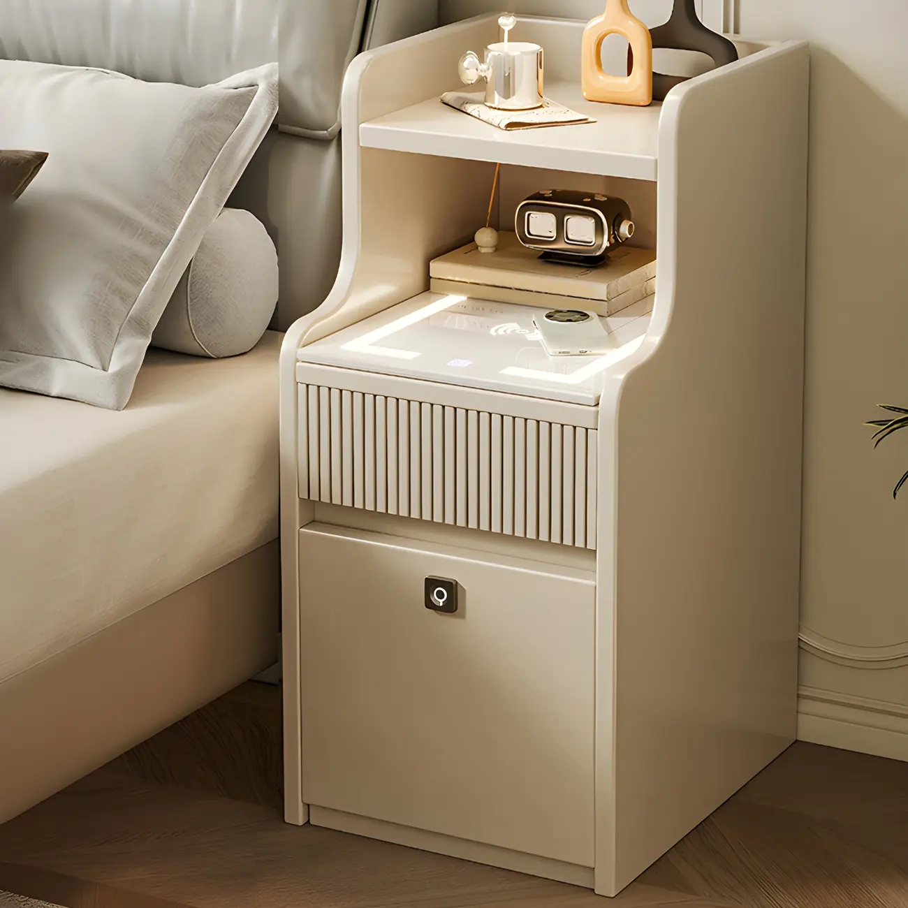 Smart Versatile White Wood Nightstand with Fingerprint Lock