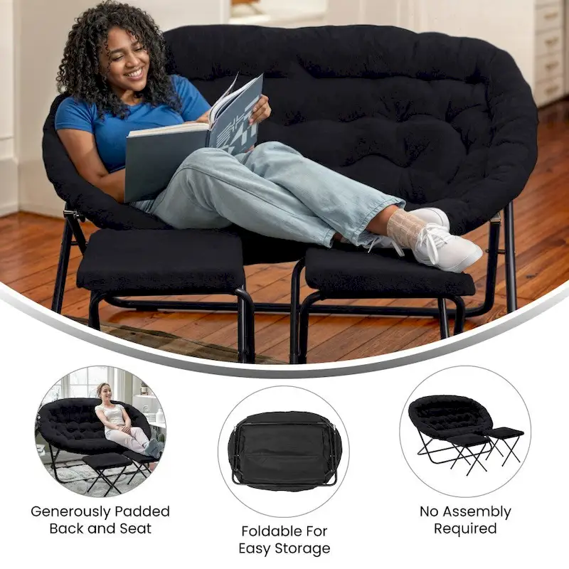 Double Folding Synthetic Fur Saucer Chair with 2 Ottomans