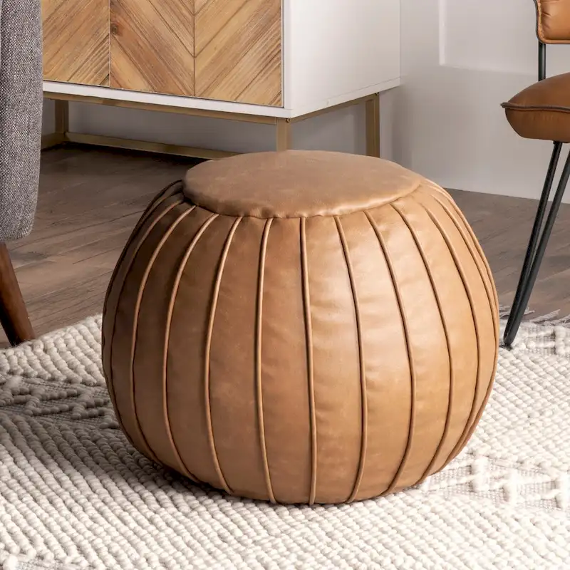 Nuloom Faux Leather Round Filled Ottoman Pouf