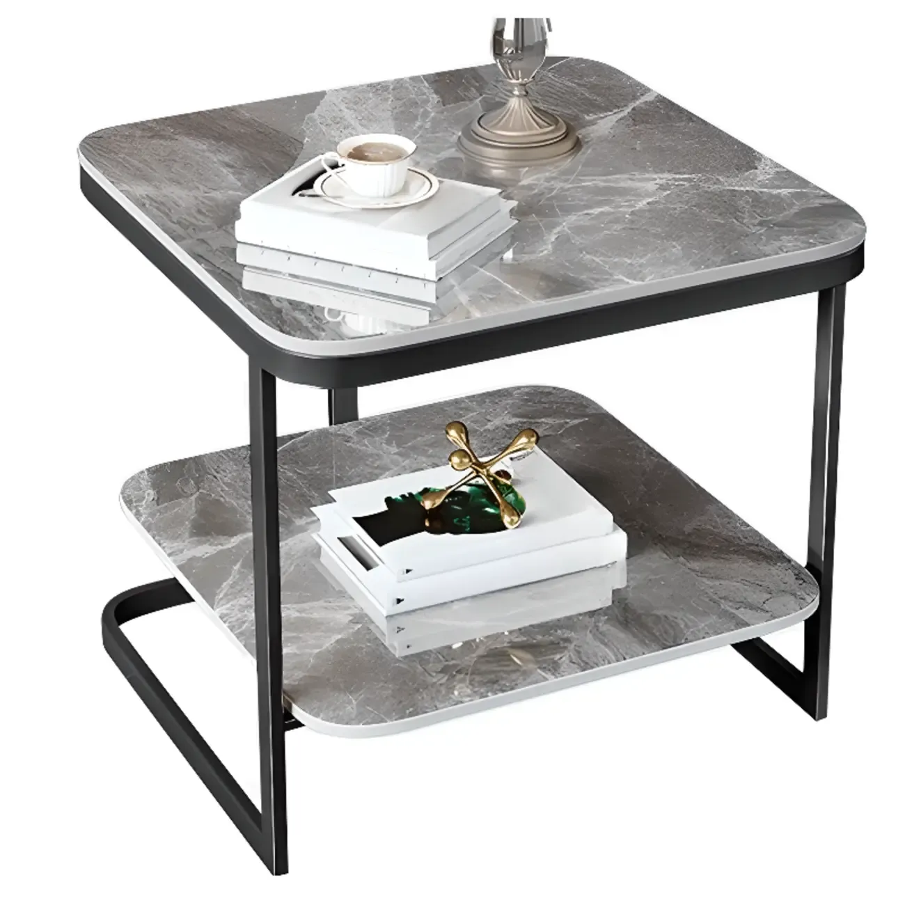 2-Tier C-Shaped Side Table with Shelf