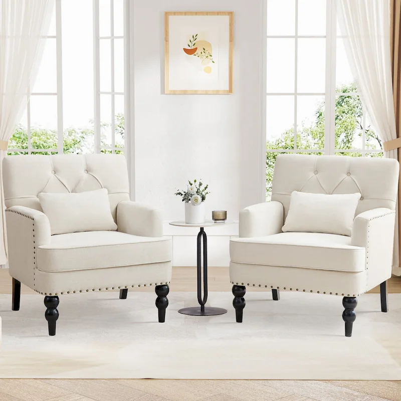 Set of 2 Arm Chair Upholstered Button Tufted Accent Chair with Lumbar Pillow Beige/ Grey/ Light Blue