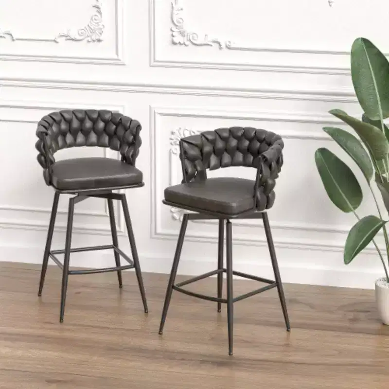 Back and Footrest Included, 2 Linen Woven Swivel Bar Stools Set, Non-Adjustable Kitchen Chairs