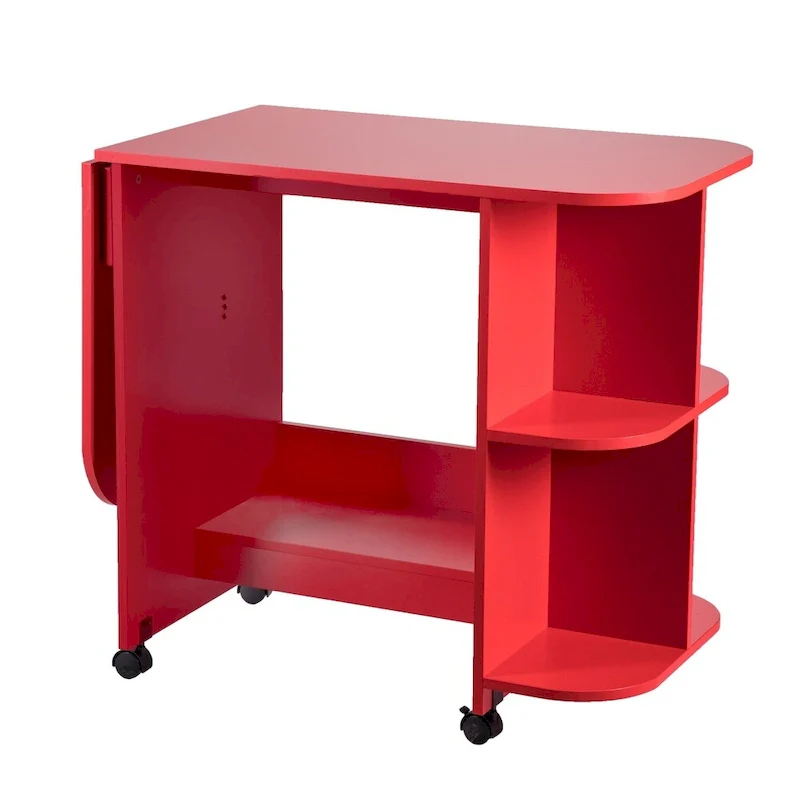 Farmhouse Red Foldable Rolling Sewing Table with Side Shelves