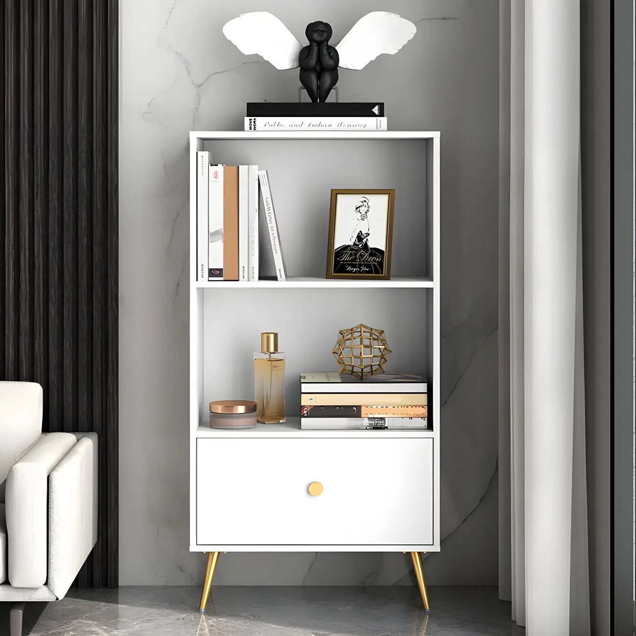 White Metal 2/3/4-Tier Open Bookcase with Drawer