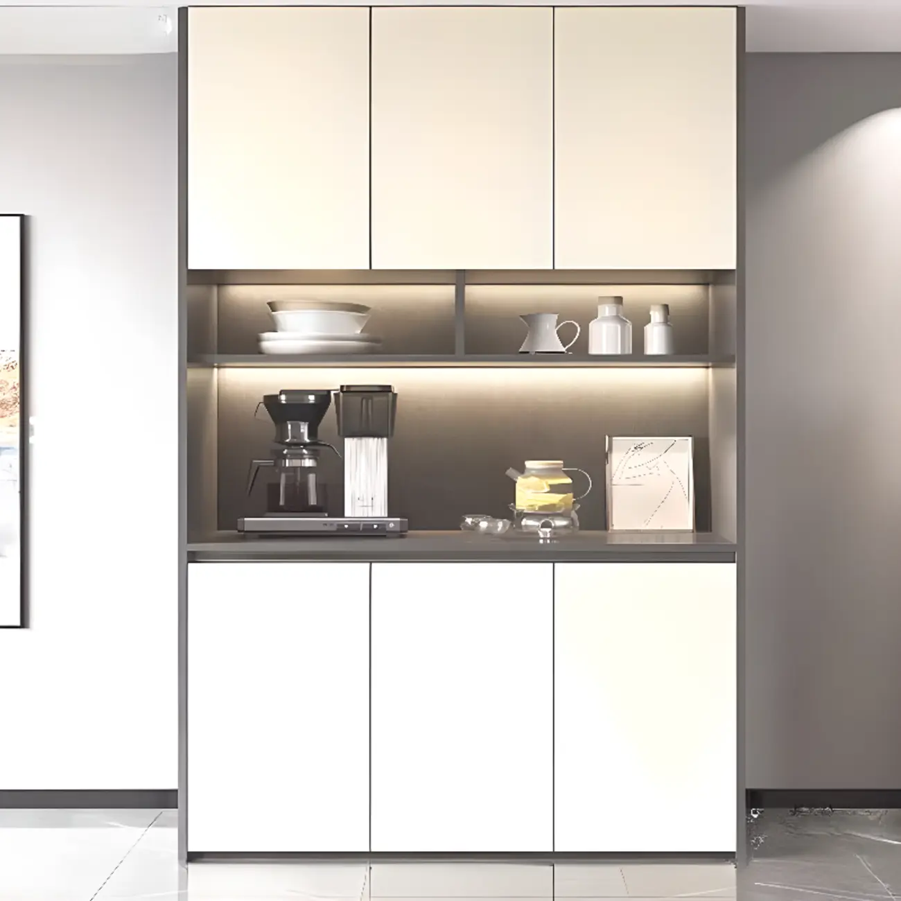 White Rectangular Multi-Shelves Glass Wood Wine Cabinet