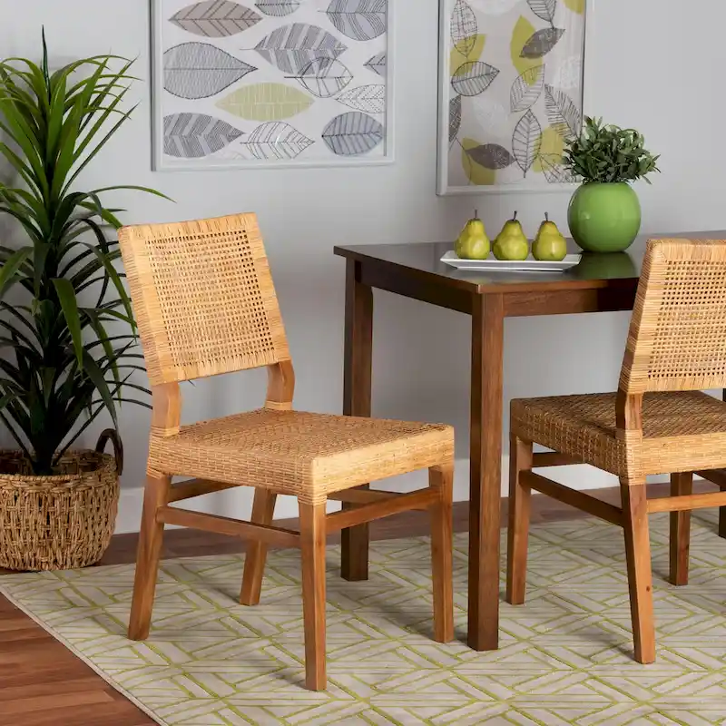 Lesia Bohemian Natural Rattan and Mahogany Wood Dining Chair