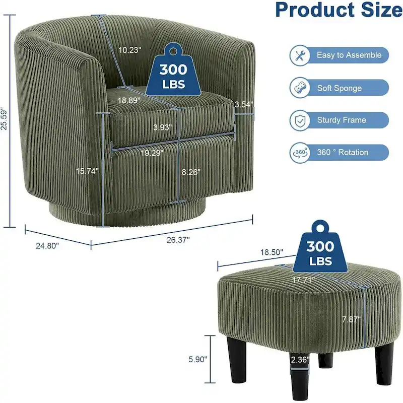 360 Swivel Accent Chair with Ottoman, Barrel Chair with Upholstered