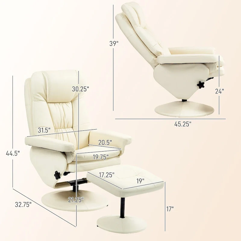 HOMCOM Swivel Recliner with Ottoman, PU Leather and Footrest with Wrapped Base, Cream White