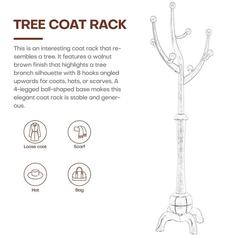 Rubberwood Freestanding Coat Rack with 8 Hooks - 24.5W x 70.87H