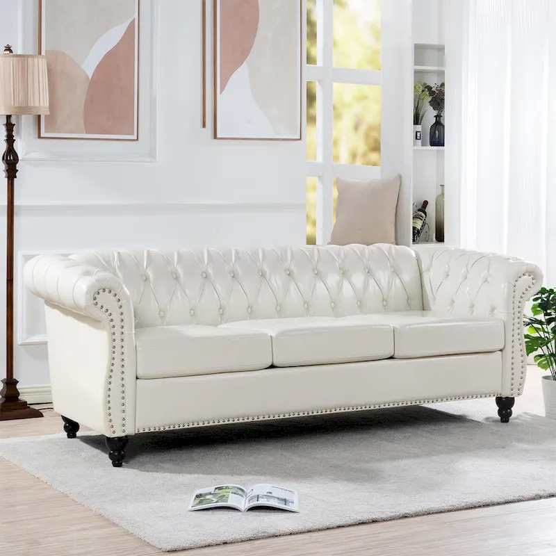 White 84.65  Chesterfield PU Leather 3-Seater Sofa with Button Tufted Backrest