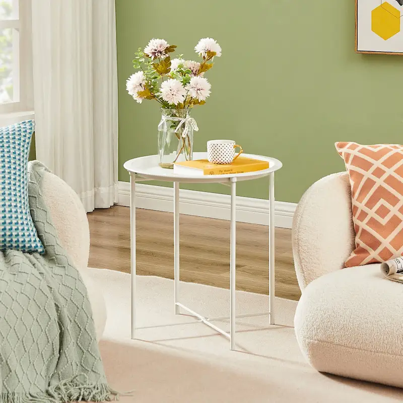 Modern Side Table with Round Removable Tray, Beige