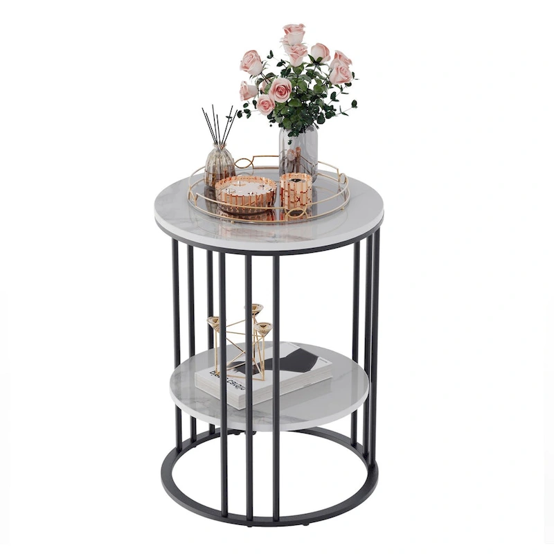 End Table 2-Tier Round Side Accent Table with Sintered Stone Tabletop - 15.7x15.7x21.3 inch