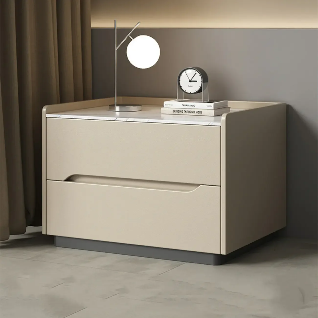 Modern Khaki Leather Stone Top 2-Drawer Nightstand