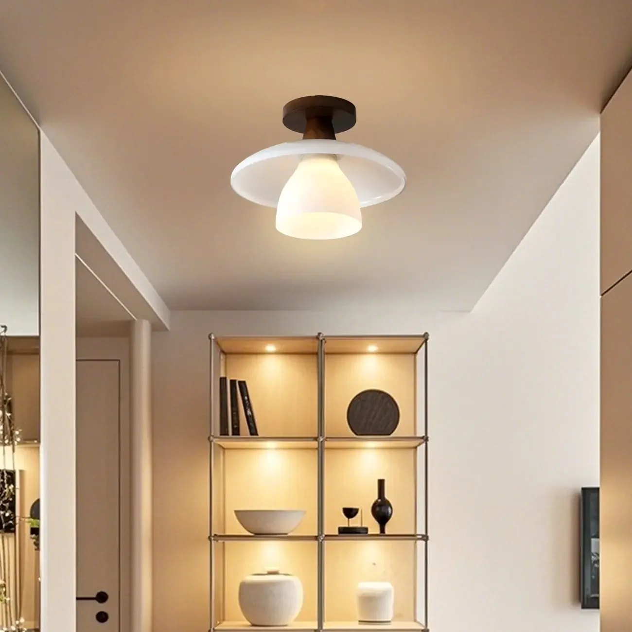 Modern Mini White Glass Wooden Semi Flush Mount Ceiling Light