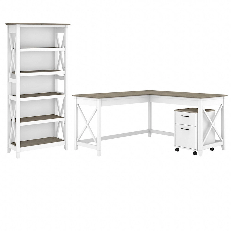 Key West 60W L Desk with File Cabinet and Bookcase by Bush Furniture