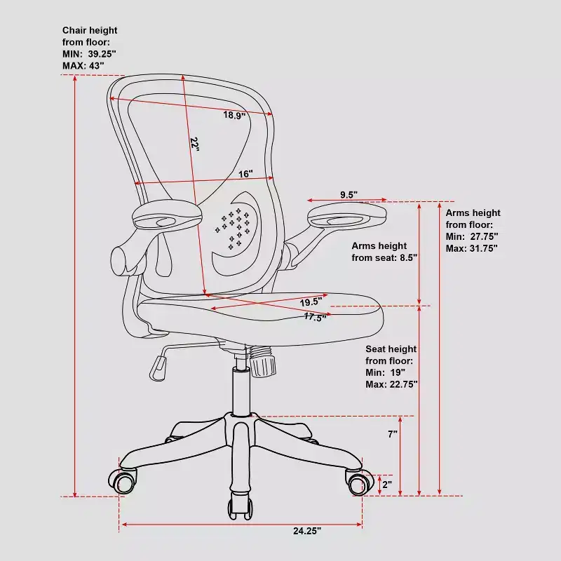 Techni Mobili Mesh Task Office Chair with Flip Up Arms Black - Techni Mobili: Ergonomic, Adjustable, Swivel, Nylon Frame