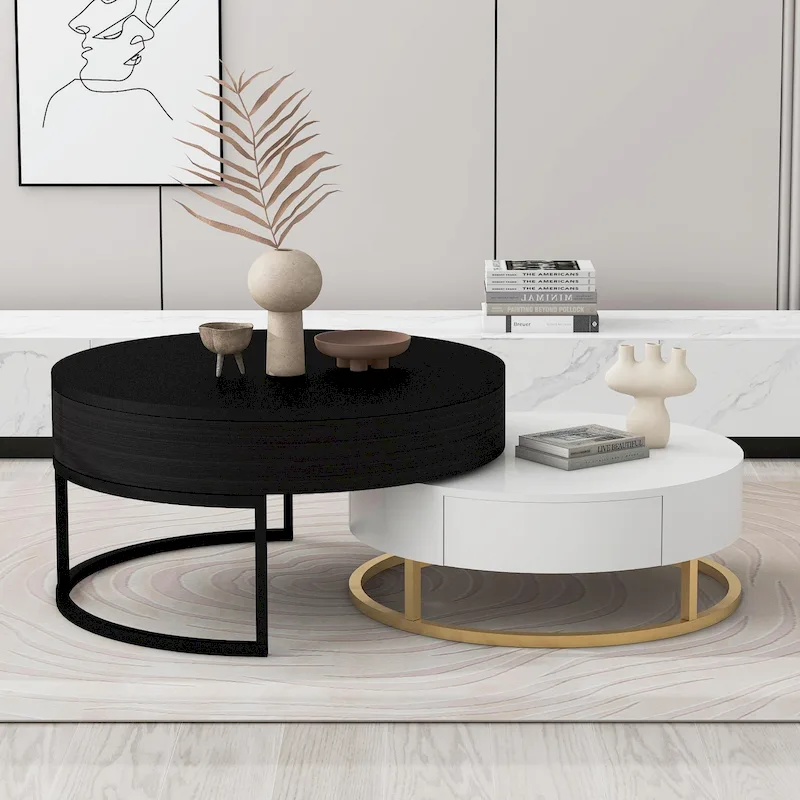 Modern Round Lift-top Nesting Coffee Tables with 2 Drawers