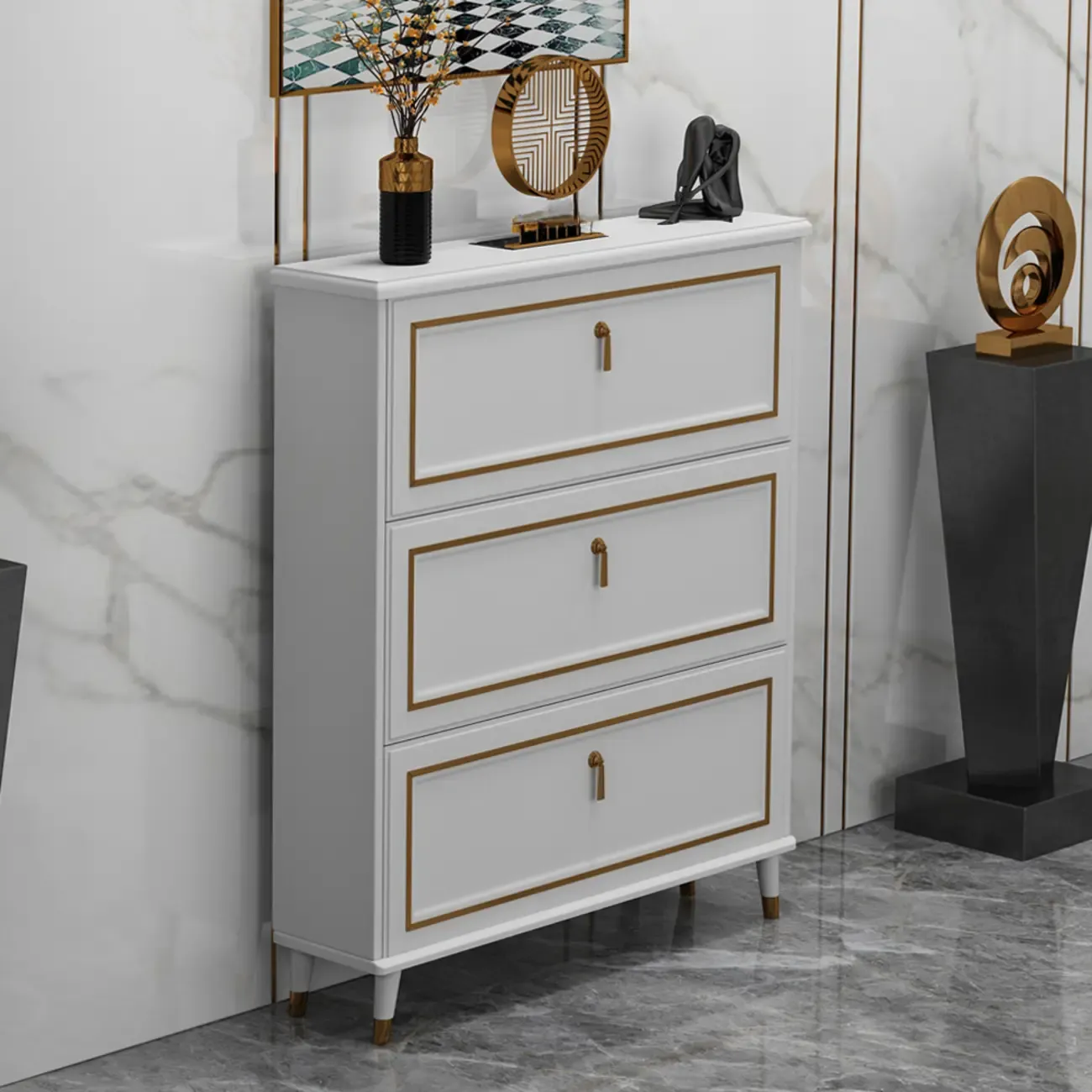 Grey Wooden Drop Front Shoe Cabinet with Adjustable Shelves